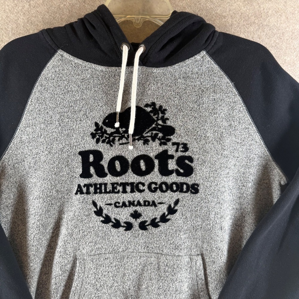 Roots Athletic Goods Hoodie Small Black Grey Raglan Graphic Pullover CA05017